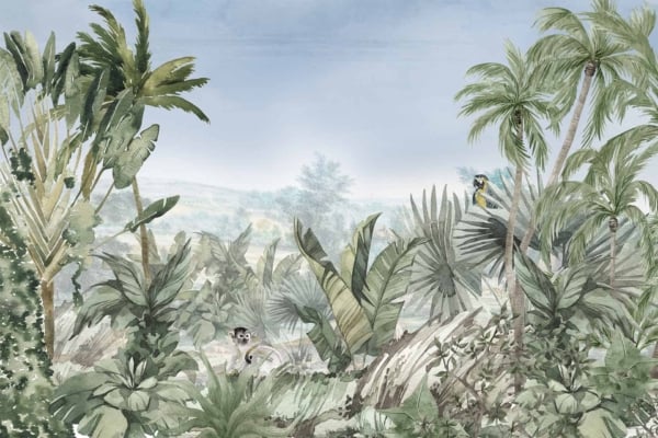 A dense jungle wallpaper featuring lush, tropical plants with tall palm trees and broad-leaved vegetation. Two monkeys appear: one peeking through the foliage and another perched on a high branch. The background includes singing birds and a misty horizon. Key colors include vibrant greens, earthy browns, subtle yellows, and hints of misty gray.