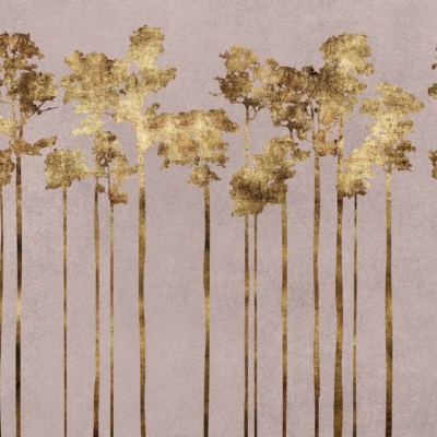 Wallpaper features tall, slender trees with sparse golden foliage against a muted beige background. The trees' elongated and uniform trunks create a symmetrical pattern. Shimmering golden leaves add elegance to the minimalist design befitting the Golden One. Elements include: tall trees, slender trunks, sparse foliage, golden leaves, muted beige background, symmetrical pattern. Colors: gold, beige.