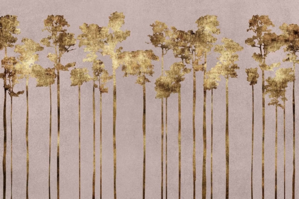 Wallpaper features tall, slender trees with sparse golden foliage against a muted beige background. The trees' elongated and uniform trunks create a symmetrical pattern. Shimmering golden leaves add elegance to the minimalist design befitting the Golden One. Elements include: tall trees, slender trunks, sparse foliage, golden leaves, muted beige background, symmetrical pattern. Colors: gold, beige.