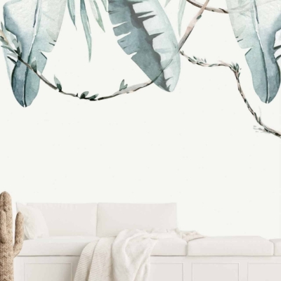Mural of large, Jungle Falls-inspired watercolor-style tropical leaves; elements: tropical leaves; colors: various shades of green.