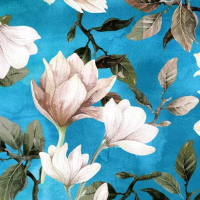 A vibrant wallpaper featuring detailed and artistic white magnolia flowers with shades of pink and cream, set against a rich turquoise background. Green leaves and intertwined stems add depth, creating a stunning glow-up effect.