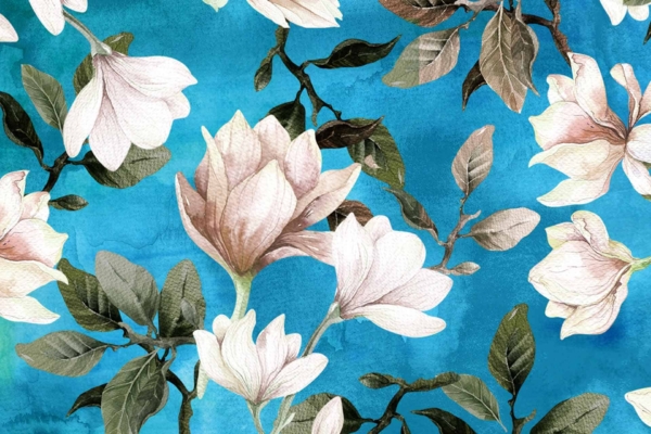 A vibrant wallpaper featuring detailed and artistic white magnolia flowers with shades of pink and cream, set against a rich turquoise background. Green leaves and intertwined stems add depth, creating a stunning glow-up effect.
