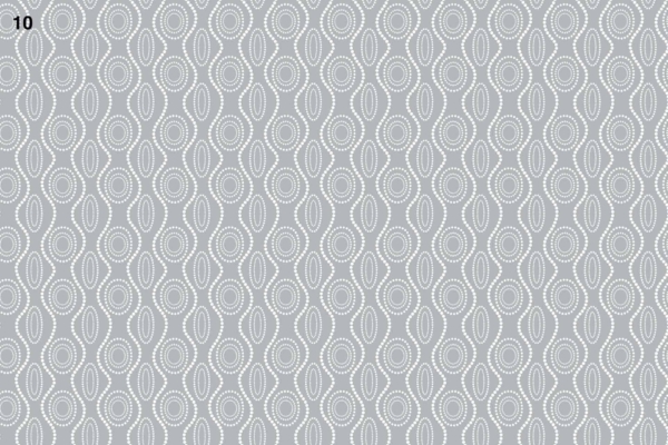 Seamless pattern on wallpaper: light gray lines forming interconnected, curved oval shapes on a slightly darker gray background. Ovals have dashed lines, resembling delicate beads in African jewelry; textured and symmetrical design. Small black number "10" in the top left corner.