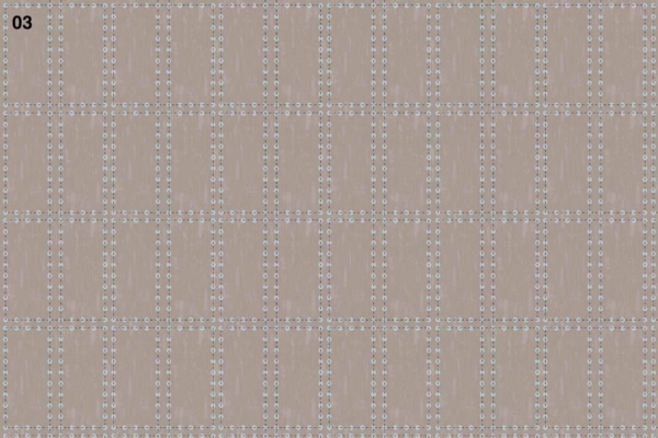 Beige wallpaper with circular white motifs aligned in vertical and horizontal rows, resembling African shells. Light blue dots connect the motifs.