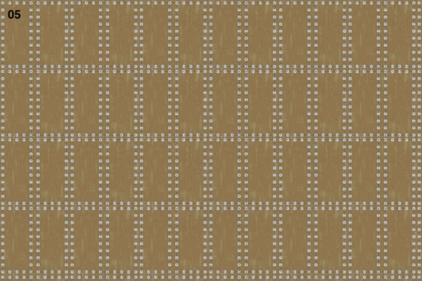 Brown rectangular grid, evenly spaced white circular dots, vertical and horizontal lines, symmetrical pattern, African-inspired design.