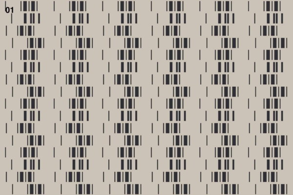 A wallpaper featuring a grid-like pattern with vertical black lines of varying lengths, resembling domino tiles, aligned in five columns on a light gray background. The repetitive sequence creates a rhythmic design. Label "b1" is placed in the top left corner. Elements: vertical black lines, varying lengths, five columns, light gray background. Colors: Black and light gray.
