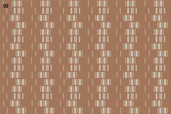Wallpaper design featuring:

- Vertical rows of small, domino-like rectangular shapes
- Light brown rectangles
- Darker brown background
- Columns with spaces between rectangles
- Repetitive and geometric pattern

Number "02" in the top left corner.
