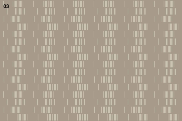 A wallpaper with a grid-like pattern featuring alternating vertical lines, consisting of beige rectangles and dashed lines resembling a domino layout, set on a light brown background. Displays the number "03" in the top left corner. Structured and repetitive design.