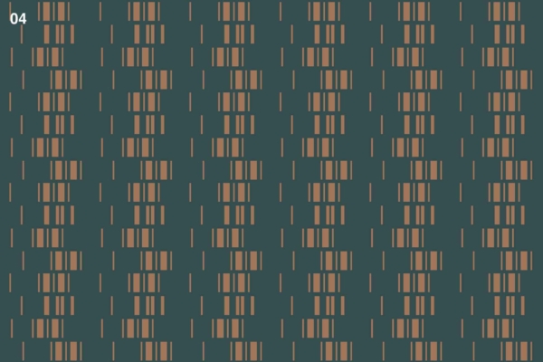 Vertical brown lines, rectangles, dark green background, symmetrical design, repetitive pattern, number "04" in white at top-left corner.