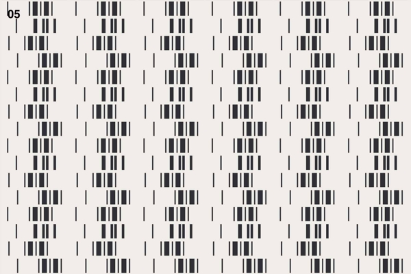 Wallpaper with a beige background featuring rows of black vertical lines grouped into barcode-like patterns. 'b5' in black text to the left of each set. The pattern repeats consistently, similar to aligned domino tiles.