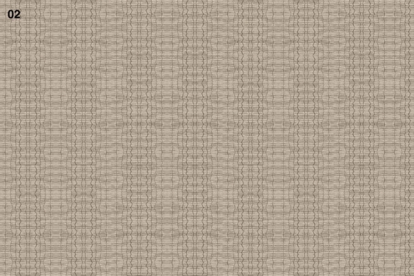 Beige background, number "02" top left, cloth-like appearance, dark thin wavy vertical lines pattern.