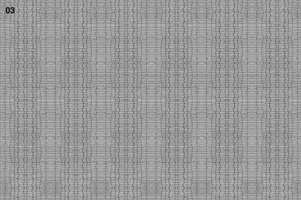 Abstract grayscale image with closely packed, wavy vertical lines creating a repetitive, textured pattern. Resembles floor cloth. "03" displayed in the upper left corner. Elements: wavy vertical lines, repetitive pattern. Color: grayscale.