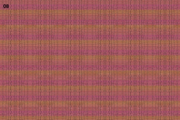 Abstract pattern wallpaper featuring alternating horizontal bands of pink and orange, reminiscent of vibrant cloth. Each band is overlaid with wavy blue lines, creating a visually complex and textured effect. The number "08" is positioned in the top left corner.