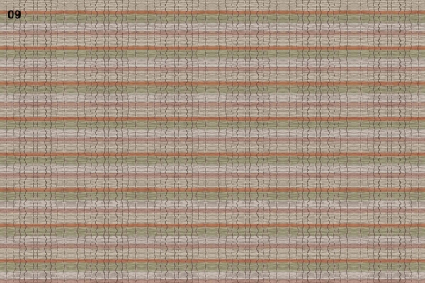 Wallpaper with a detailed, repeating geometric pattern featuring horizontal stripes in shades of green, brown, beige, and gray. Each stripe displays a wave-like design reminiscent of a contemporary floor cloth.