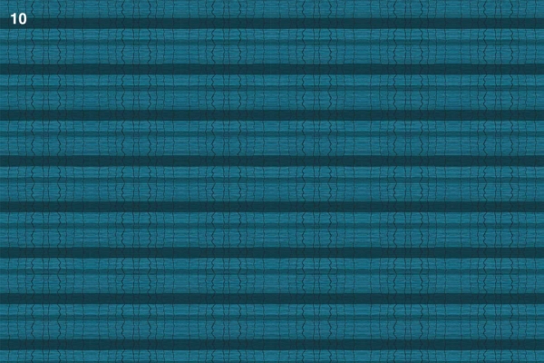 Horizontal stripes, teal and dark blue, interlocking geometric shapes, wavy line effect, number "10" in the top left corner.