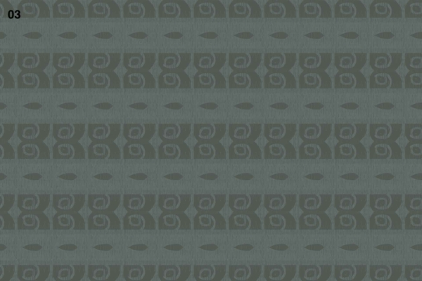Greyton Wallpaper: 
- Color: Green
- Pattern: Repeating abstract designs
- Shapes: Swirls, elliptical shapes
- Arrangement: Horizontal rows with mirrored sequence
- Visual Effect: Symmetrical, intricate
- Detail: Number "03" in top left corner