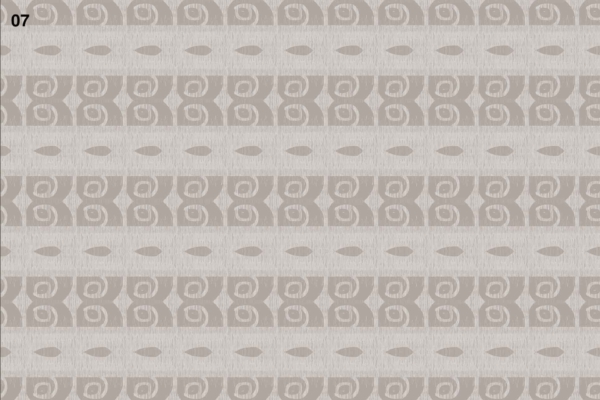 Stylized paisley shapes and ellipses arranged in horizontal rows. Varying shades of beige and light gray. "07" in black at the top left corner. Natural hues reminiscent of Greyton, South Africa.