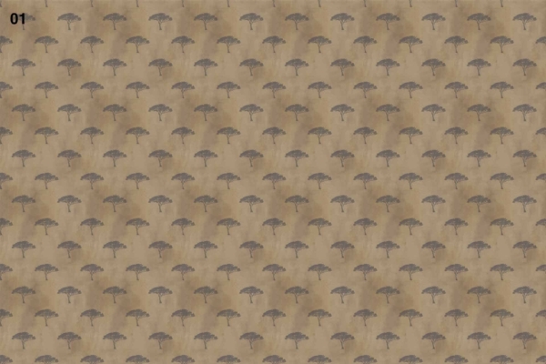Beige background with small, evenly spaced African acacia tree illustrations in rows and columns. Black number "01" in the top left corner. The wallpaper evokes Kenyan landscapes. Elements: beige, small trees, acacia illustrations, black number "01".