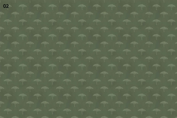 Green background, repetitive pattern of light green trees, lush landscapes of Kenya, evenly spaced across image, small number "02" in top left corner.