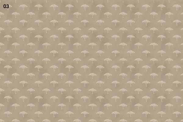 Wallpaper featuring a seamless pattern of small white stylized trees, inspired by Kenyan flora, evenly spaced on a light brown background. The number "03" is visible in the top left corner. Keywords: white trees, stylized flora, Kenya-inspired design, light brown background, number 03.