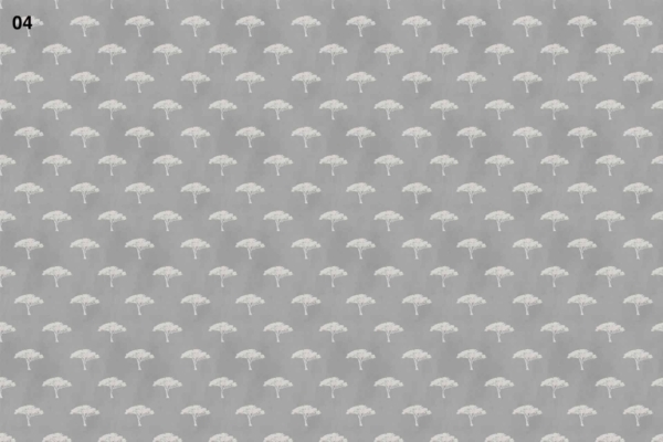 Wallpaper: Grey background with a repeating pattern of small white open umbrellas and tree silhouettes. Number "04" in black at the top left corner. Serene, inspired by Kenyan landscapes. Elements: grey, white umbrellas, tree silhouettes, black number 04.