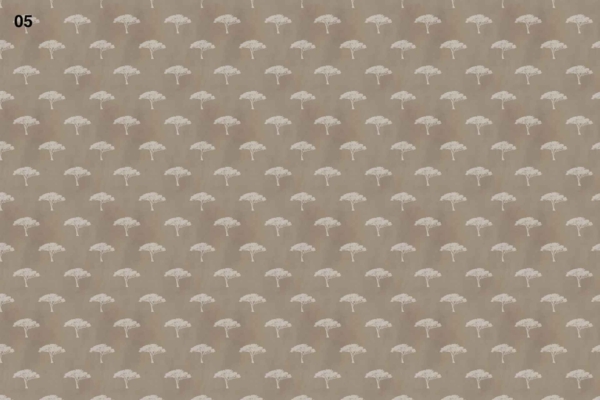 Beige wallpaper, repeated pattern of white trees, evenly spaced, uniform design.