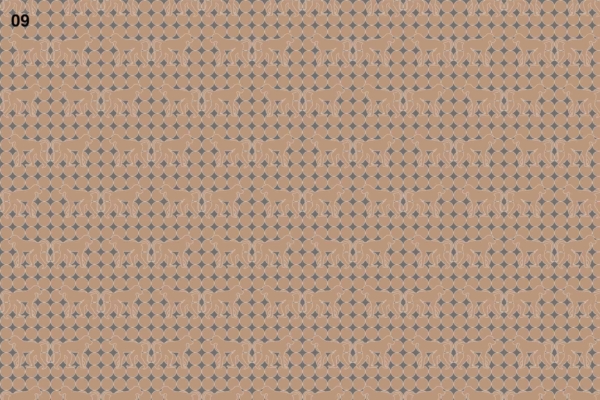 Muted brown background, dark blue geometric elements, light blue geometric elements, dense intricate mosaic, repeating design, black number "09" in top-left corner.