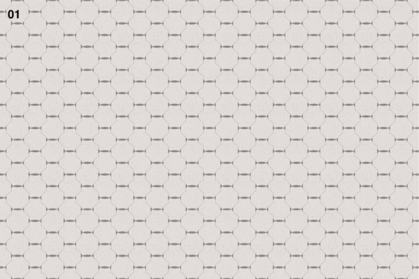 A repeating geometric pattern of hexagons with smaller connecting lines forms a honeycomb-like grid. The design is light gray on a slightly darker gray background, creating a subtle, textured appearance. The number "01" is in the top left corner.