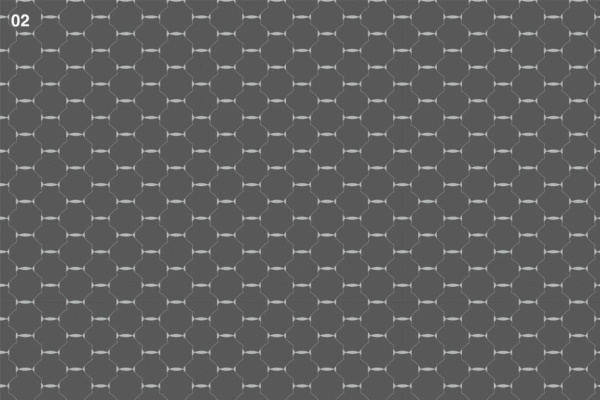 Illustration: 
- Dark gray honeycomb pattern
- Lighter hexagonal lines
- Uniform, evenly spaced design resembling an umbrella structure
- Small "02" in the top left corner

Elements/Colors:
- Dark gray background 
- Light gray hexagonal lines
- "02" detail