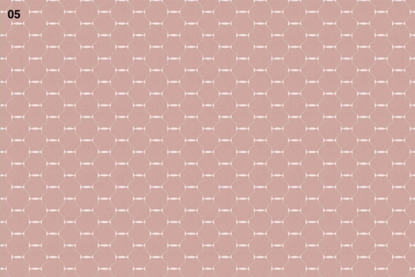 An intricate, seamless pattern fills the wallpaper with interconnected hexagons in pinkish-brown hues. The design is symmetrical and uniform with a small "05" in the top left corner, creating a geometric effect similar to a cocktail umbrella.