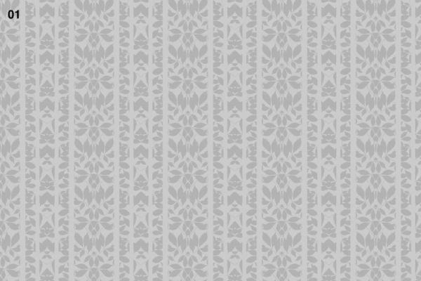 A gray floral wallpaper with an intricate design of leaves and flowers. Vertical repeat pattern features scattered complementing stripes. Subtle tones of gray with detailed black outlines in the top left corner featuring the number "01".