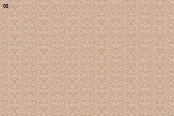 Seamless fabric design, intricate geometric pattern, symmetrical floral motifs, muted beige tones, light beige background, scattered stripes for subtle contrast, vintage appearance, "02" in black text at top left. Classic wallpaper elements.