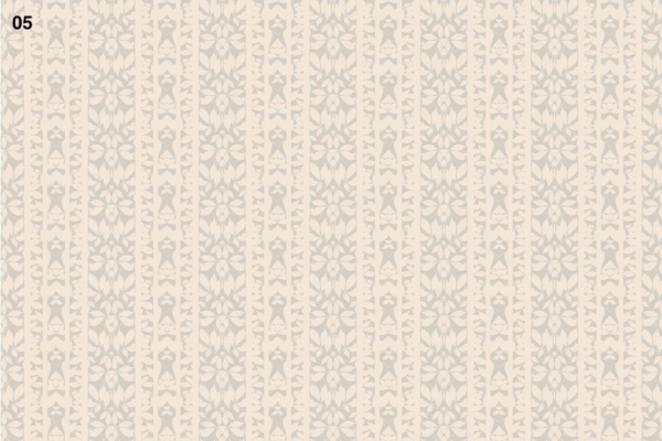 A beige wallpaper design with vertical stripes adorned with intricate, symmetrical floral and leaf patterns. The color palette includes various shades of beige, soft gold, and hints of ivory for the floral details. The number "05" is subtly displayed in the top left corner.