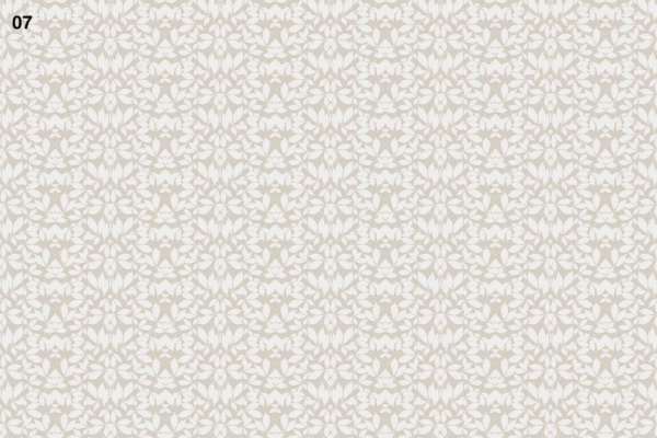 A delicate wallpaper with a repeating pattern of floral and leaf designs in light gray tones on a white background. Symmetrical arrangements create an intricate look, enhanced by scattered stripes. The number "07" is displayed in black in the top left corner.