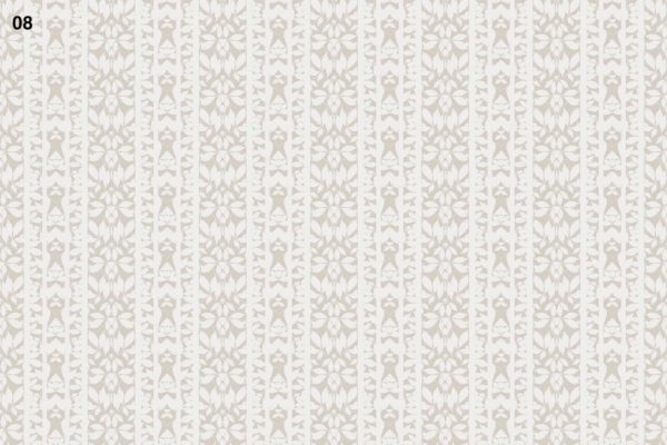 The wallpaper features an "A" pattern with scattered vertical stripes. These stripes are adorned with symmetric, abstract floral designs in light beige on a white background. The number "08" is printed in black in the top-left corner of the design.