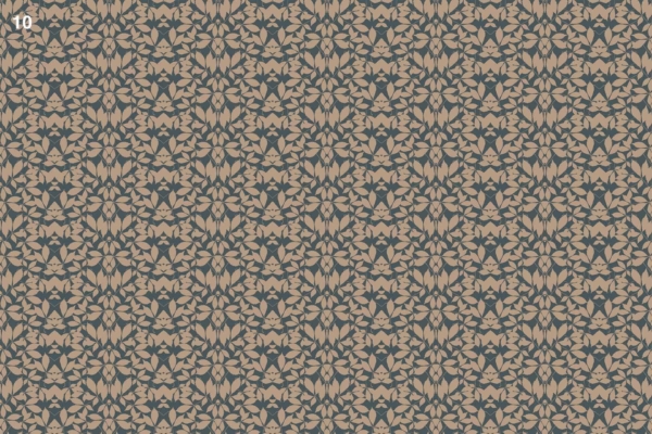 Wallpaper design features:
- Geometric pattern with interlocking shapes
- Colors: beige and dark green
- Symmetrical, repeating motifs resembling floral and leaf elements
- Complex tapestry across the entire image
- Stripes scattered among the design for additional intricacy
- Number "10" in the top left corner