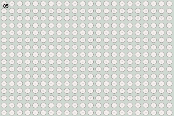 A wallpaper grid of 154 small circles, each featuring a pair of black outlined scissors. The unique element is one circle in the upper left corner with the design "05" in black text on a light green background. This stands out amidst the uniformity, evoking spinning plates that balance precision and artistry.