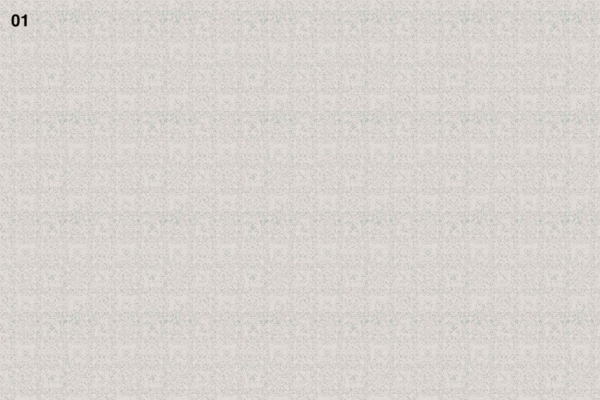 Wallpaper features: intricate, detailed pattern; repetitive pixel-like symbols and shapes; sprinkler's spray inspiration; abstract mosaic appearance; light background. Number "01" in top left corner. Colors: soft pastels, light blues, pale greens, muted pinks. Elements: geometric shapes, pixel art motifs, symmetry.