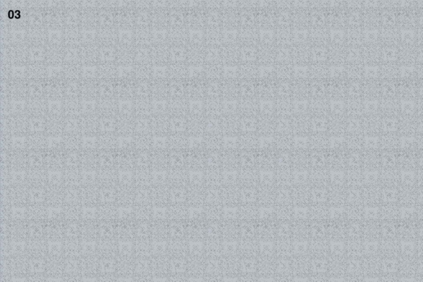 A gray, patterned wallpaper featuring intricate and symmetrical floral or geometric motifs. The design is uniformly repeated, with a precise and consistent pattern reminiscent of sprinkler spray. The number "03" appears in the upper left corner. Predominantly in shades of gray, reflecting precision and uniformity throughout the motif.