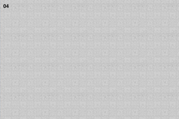 Grey background, small "04" in black text, top left corner. Subtle textured pattern, resembles droplets from a garden watering system.