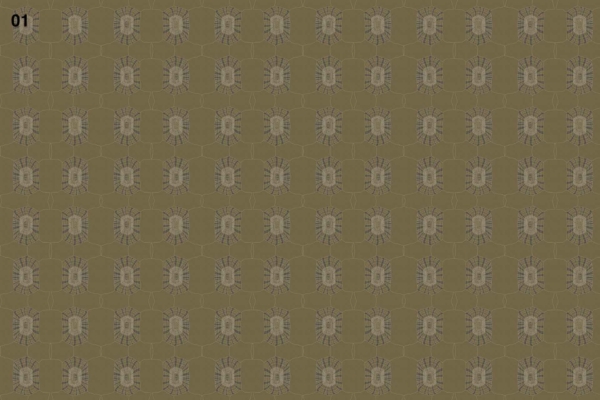 Wallpaper description:
- Olive-green background
- Evenly spaced mosquito illustrations
- Each mosquito enclosed in a hexagonal (tortoise shell-like) shape
- Grid-like arrangement of hexagons
- The number "01" printed in black in the upper left corner

Elements and colors:
- Olive-green (#808000) background 
- Black (#000000) for mosquitoes and "01"