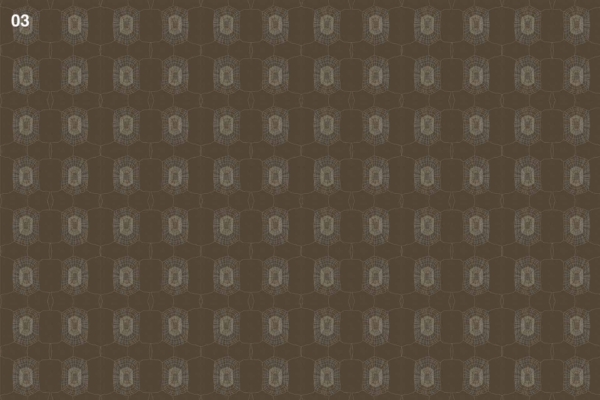 A seamless, dark brown geometric wallpaper features hexagonal shapes with intricate lace-like designs akin to tortoise shells centered within each hexagon. Patterns are uniform and evenly spaced. "03" is in the top left corner.