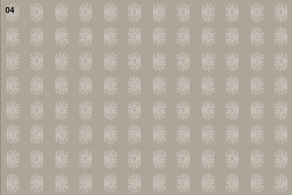 Beige background, repeating pattern of white floral designs, grid layout, hexagonal shapes, intricate tortoise shell-like pattern.