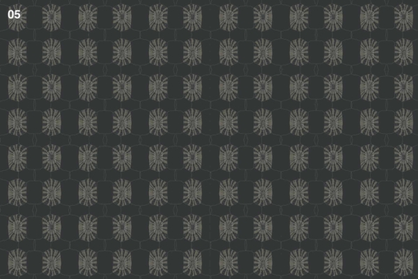 Dark green background, repeating geometric pattern in lighter green, tortoise shell-like design, interconnected circular shapes, radial lines creating web-like motif, "05" in white in top left corner.