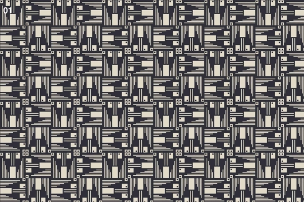 A repeating, intricate geometric pattern of black and beige shapes. Features a combination of rectangles, squares, and lines arranged in a grid-like structure. The design evokes the aesthetics of relief printing with its modern and somewhat abstract appearance.
