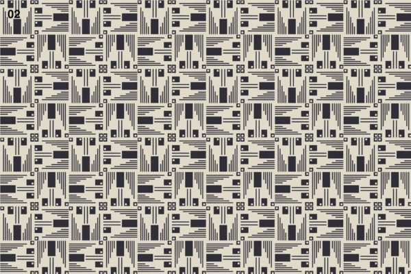 Repeating geometric pattern, black shapes on beige background, includes rectangles, lines, and squares. Symmetrical structure with Art Deco style. Small "002" in black in the upper left corner.