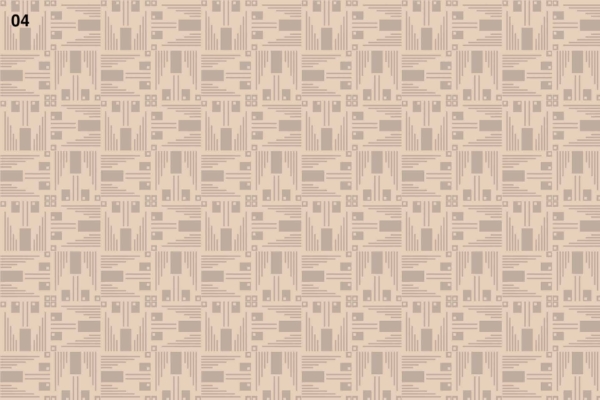 Wallpaper features a seamless, symmetrical geometric design in varying shades of beige and light brown. The pattern includes rectangles, zigzags, and small squares for a visually intricate texture. Number "04" is displayed in the upper left corner.