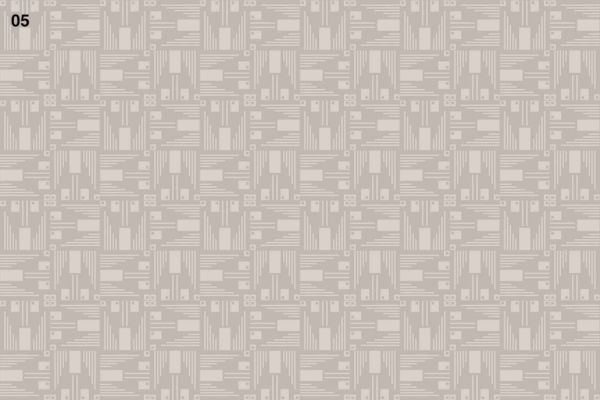 The wallpaper features a seamless, repetitive pattern of abstract geometric shapes in beige shades, including squares, rectangles, and lines. The design creates a modern, tiled effect reminiscent of woodcut printmaking. The number "05" in black is visible in the top-left corner. Key elements: beige shades, abstract geometric shapes, squares, rectangles, lines, modern tiled effect, woodcut printmaking style.