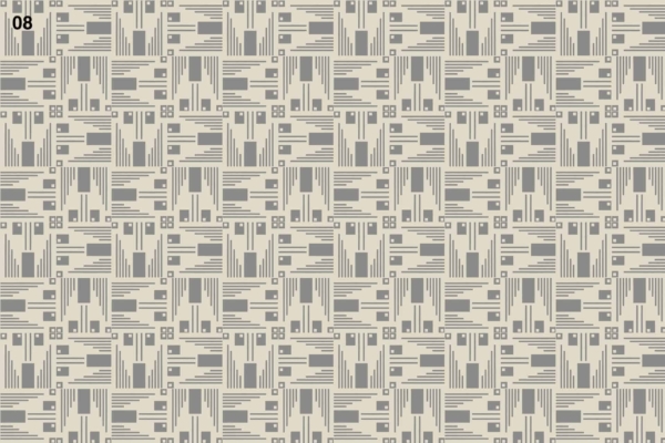 Beige background, black and gray elements, geometric pattern, abstract shapes, angular lines, repetitive design, structured look, traditional woodcut art style. "08" in black at the top left corner.