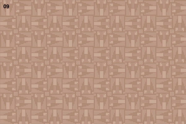 Textured woodcut-style wallpaper, repeating geometric pattern, beige and light brown hues, assortment of squares, rectangles, and lines in complex yet symmetrical composition. Number "09" visible in top left corner.